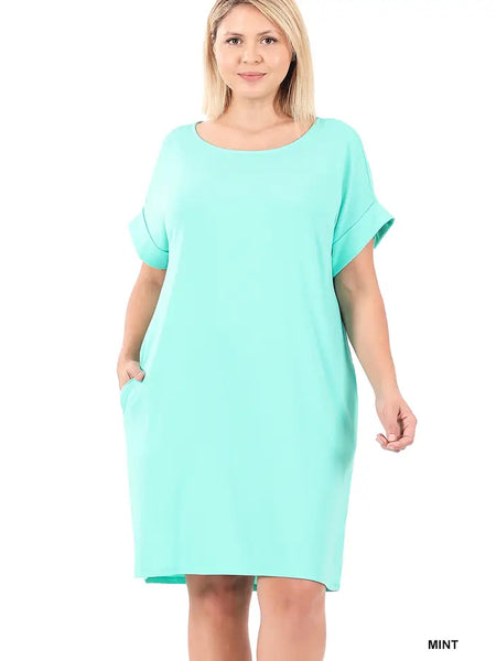 Okie126 Mint Plus Size Round Neck Fold-Over Sleeve Two-Pocket T-Shirt Dress
